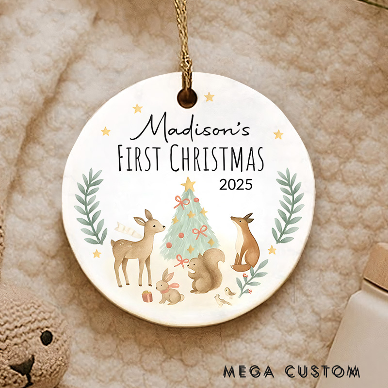 Personalized First Christmas Baby Ornament Gift Woodland Creatures Ceramic Christmas Ornament Holiday Keepsake Ornament