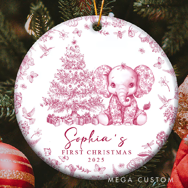 Personalized Baby's First Christmas Toile De Jouy Ceramic Ornament