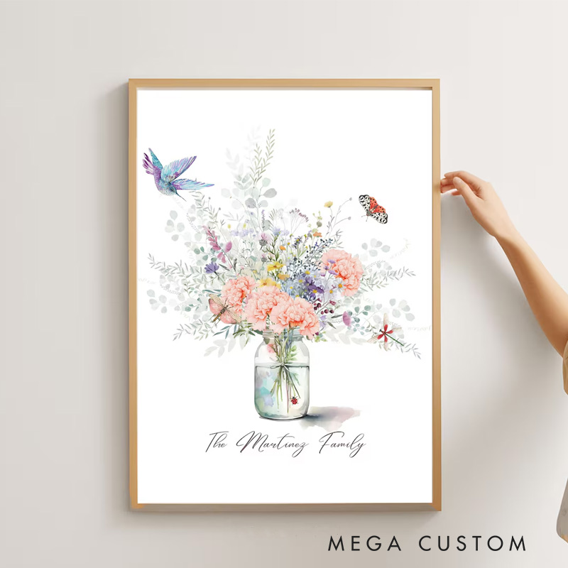 Personalized Birth Flower Family Bouquet Wall Art Watercolour Birth Flower Poster Without Frame Custom Art