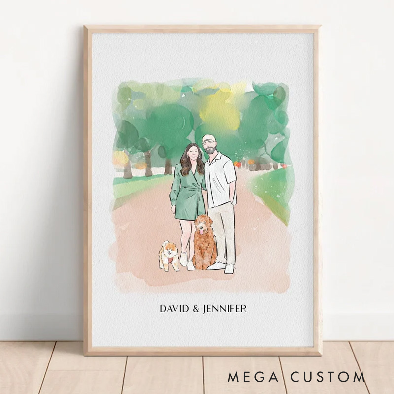 Personalized Cute Watercolor Wall Art For Couples Pets House Family Poster Without Frame Custom Art Lover Gift Custom Portrait