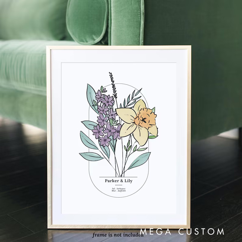 Personalized Couples Birth Flower Bouquet Wall Art for Wedding Aniversary Watercolour Birth Flower Poster Without Frame Custom Art