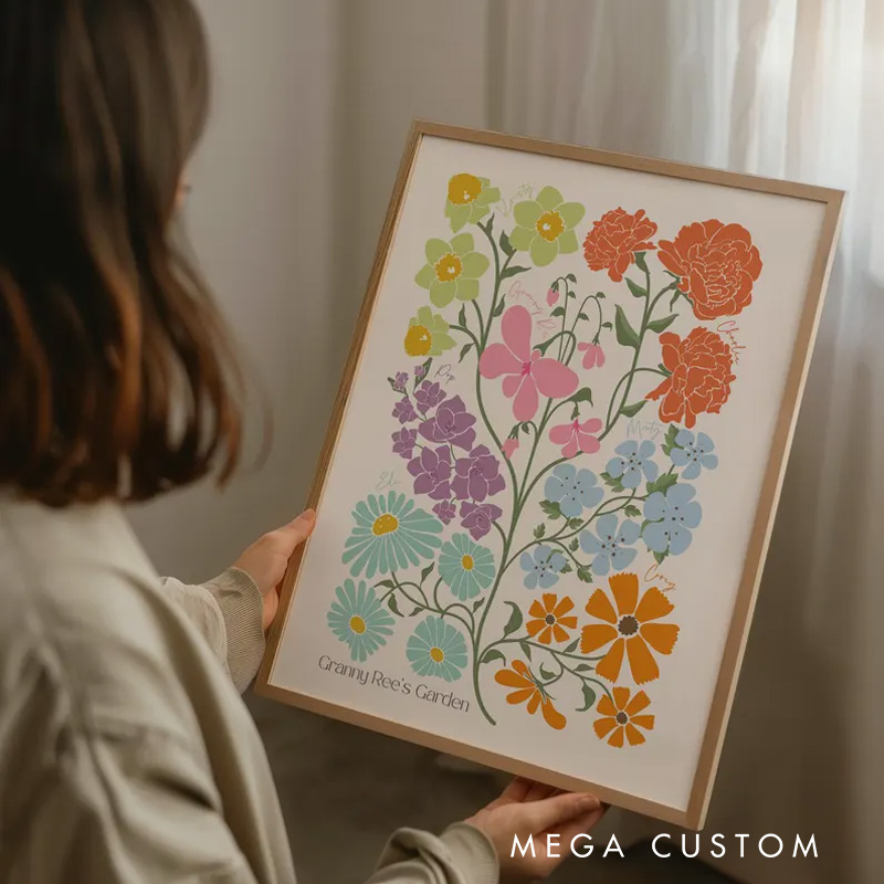 Personalized Minimalist Birth Flower Family Bouquet Wall Art Illustration Birth Flower Poster Without Frame Custom Art