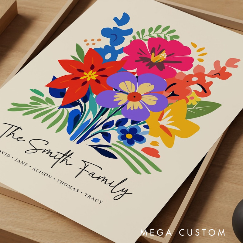Personalized Illustration Birth Flower Family Bouquet Wall Art Birth Flower Poster Without Frame Custom Art