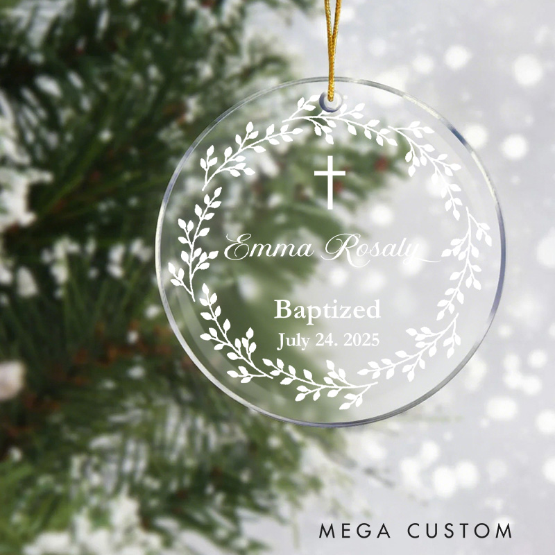 Personalized Cross Wreath Circle Acrylic Ornament with Name and Date Christening Keepsake Baptism Gift for Girl Gift for Goddaughte Religious Gift