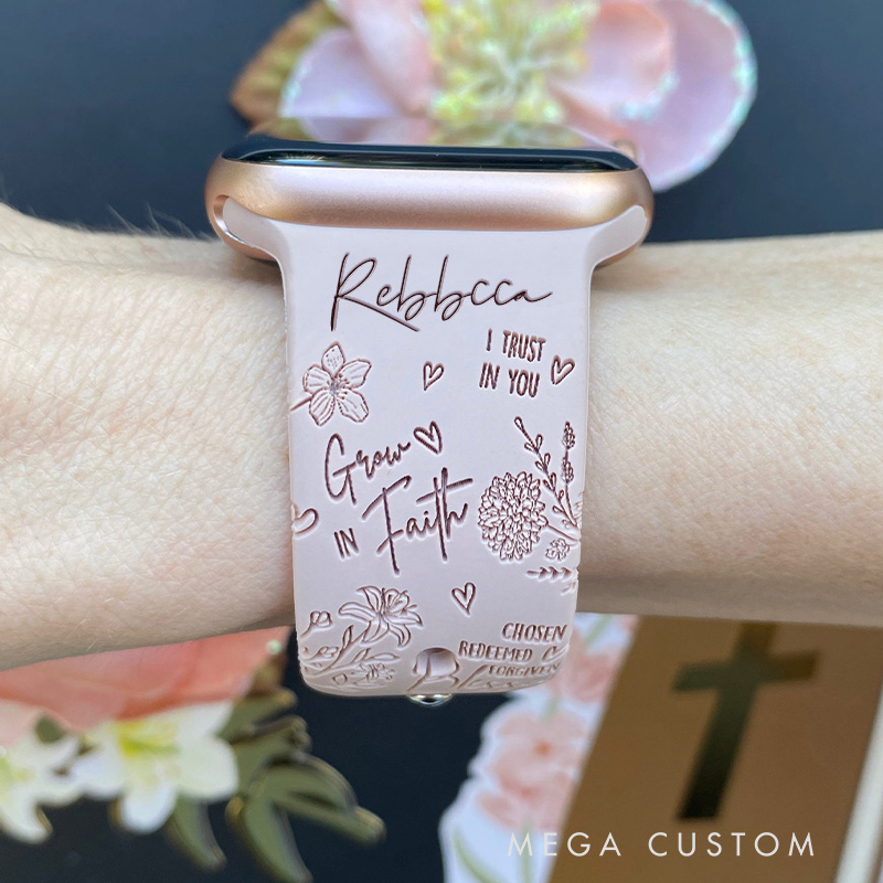Personalized Floral Faith Silicone Watch Band with Name for Apple Watch Religious Christian Gift for Her