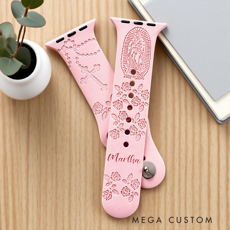 Personalized Virgin Mary with Cross Rose Silicone Watch Band with Name for Apple Watch Religious Christian Gift for Her