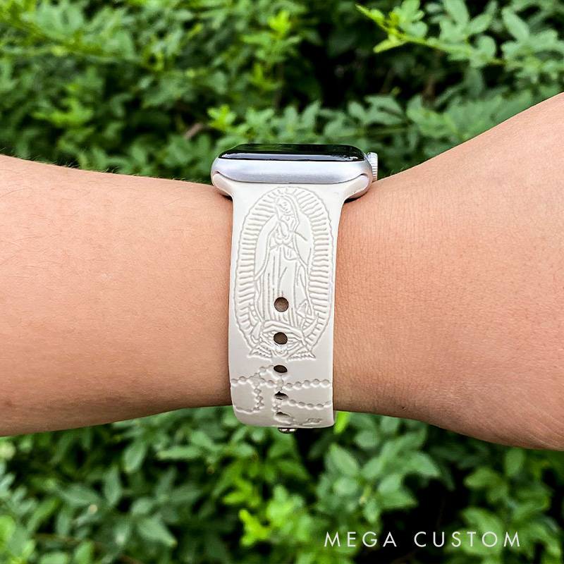Personalized Virgin Mary with Rosa Cross Silicone Watch Band with Name for Apple Watch Religious Christian Gift for Her