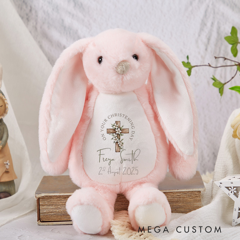 Personalized Floral Cross Cute Plush Bunny Stuffed Animal Toy with Name and Date Christening Gift Religious Gift for Kids