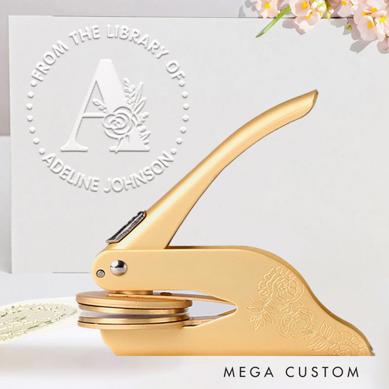 Personalized Floral Initial Book Embosser Stamp Hand Held Flower Embosser with Name and Title Birthday Gift for Book Lovers Librarian Gift