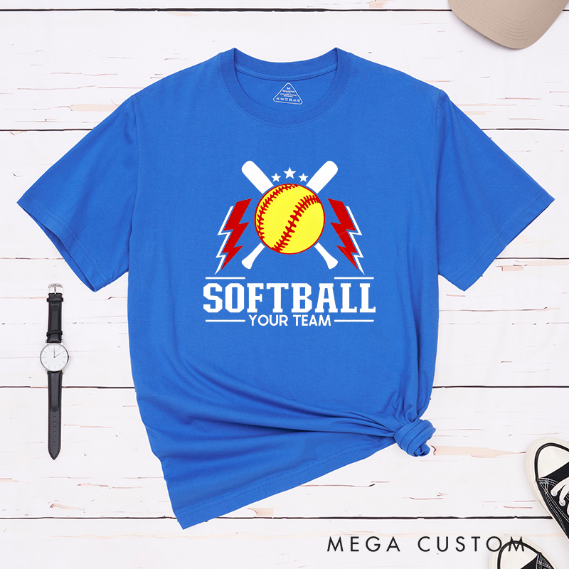 Personalized Softball Team T-Shirt Design Featuring Customizable Team Name Bold Softball Graphics Crossed Bats and Striking Lightning Elements
