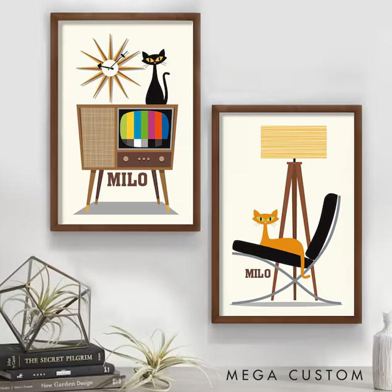 Personalized Black Cat Art Print Without Frame Rock Music Poster Mid Century Modern Print Atomic Cat Vinyl Record Storage Record Player