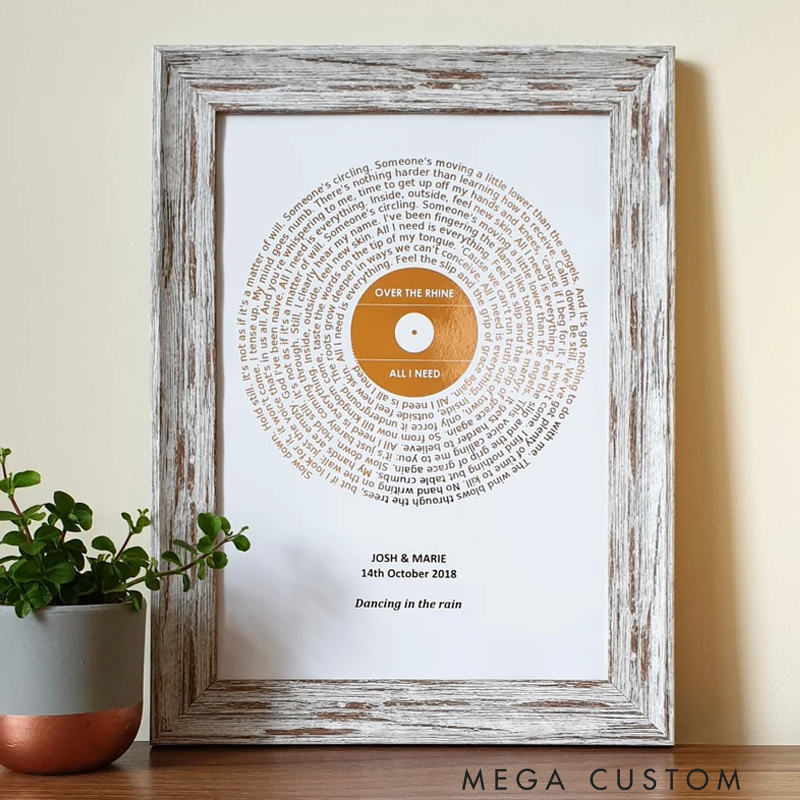 Personalized Metallic Foil Song Lyrics Art Without Frame Custom Copper Silver Gold or Rose Gold Foil Lyric Print Favourite Record Print Music Poster