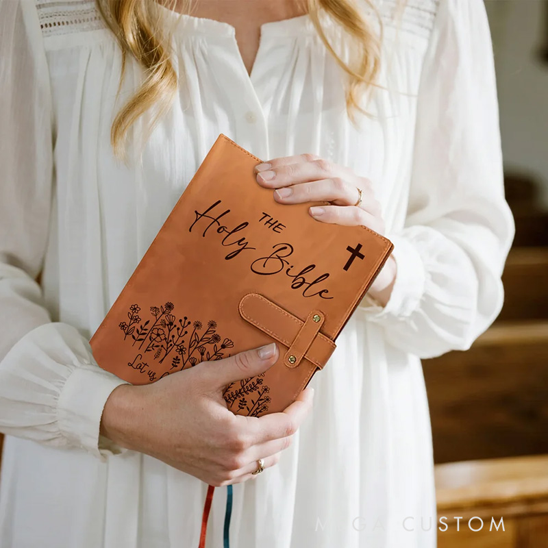 Personalized the Holy Bible Flower Portable A5 PU Leather Notebook Cover with Bible Chapter and Pocket Birthday Inspirational Gift for Christian