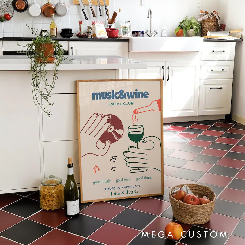 Personalized Music Poster Print Music & Wine Illustration Wall Art Wine Print Without Frame Wall Decor Retro Social Club Poster