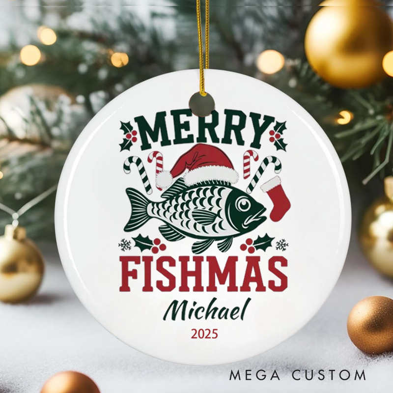 Personalized Fishing Christmas Ornament Merry Fishmas Ornament Custom Gift For Fisherman Gift For Fishing Lover Bass Fishing Ornament