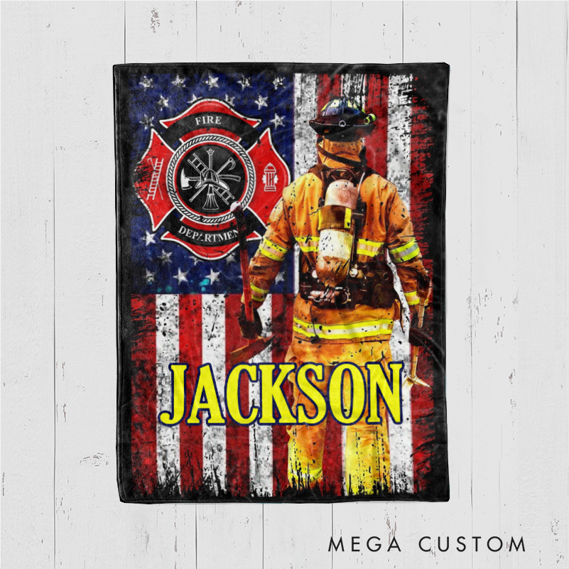 Custom Firefighter Blanket with American Flag and Firefighter Design Gift for Firefighters