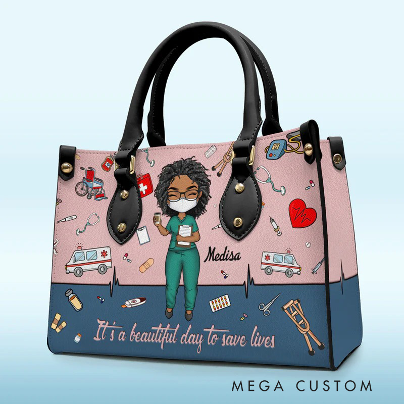 Personalized Leather Handbag Custom It’s a Beautiful Day To Save Lives Design Handbag Nurse Gift