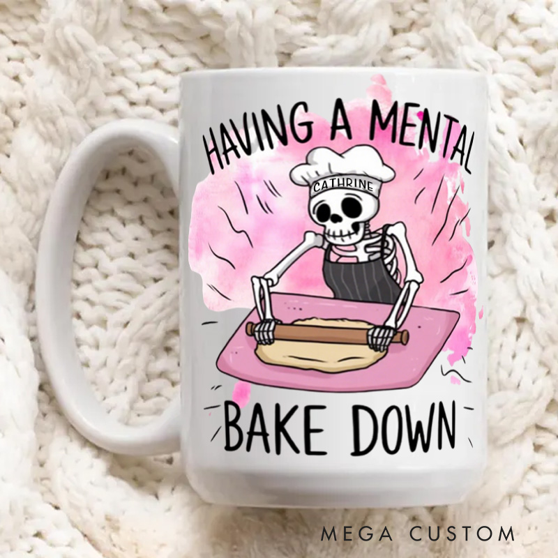 Personalized Having a Mental Bake Down Mugs Custom Halloween Skeleton Baking Cup with Name Baker Coffee Mug for Baking Lover Gift