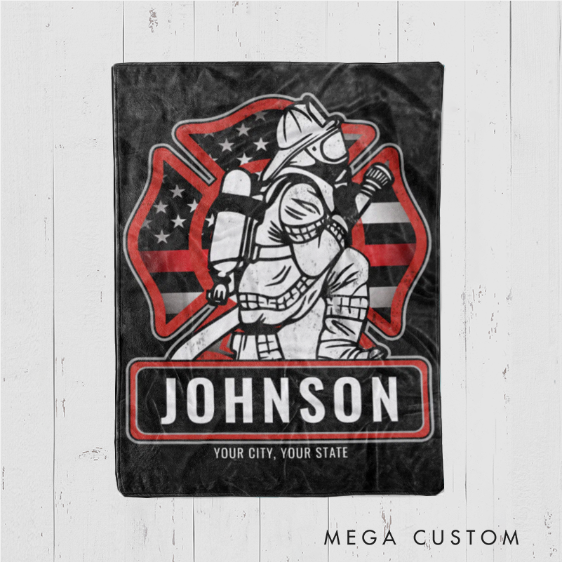Personalized Firefighter Blanket with Firefighter Kneeling Design Gift for Firefighters