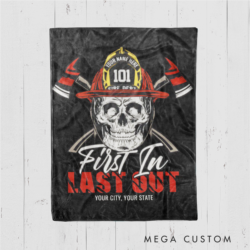 Personalized Firefighter Blanket with Skull and First In Last Out Design Gift for Firefighters