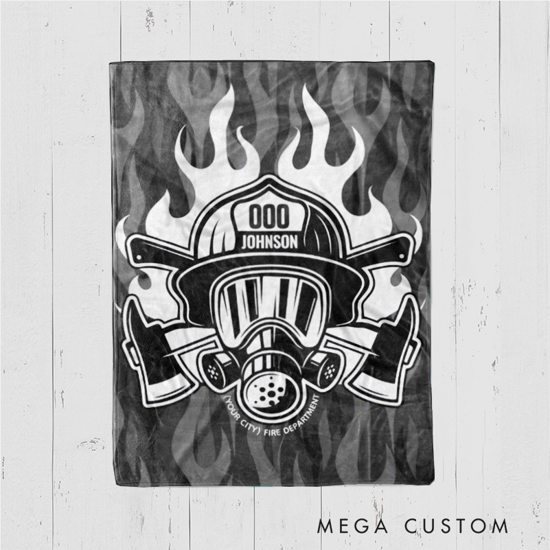 Personalized Firefighter Blanket with Helmet Axes and Flames Design Gift for Firefighters