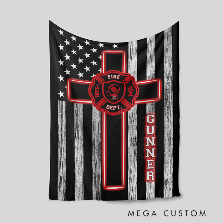 Personalized Firefighter Blanket with Cross and Fire Department Emblem Gift for Firefighters