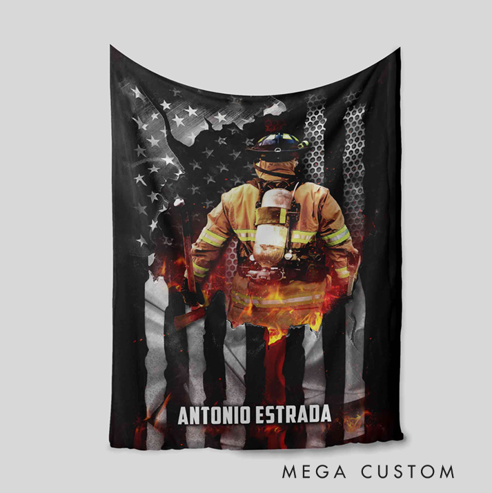 Personalized Firefighter Blanket with Firefighter Silhouette and American Flag Design Gift for Firefighter