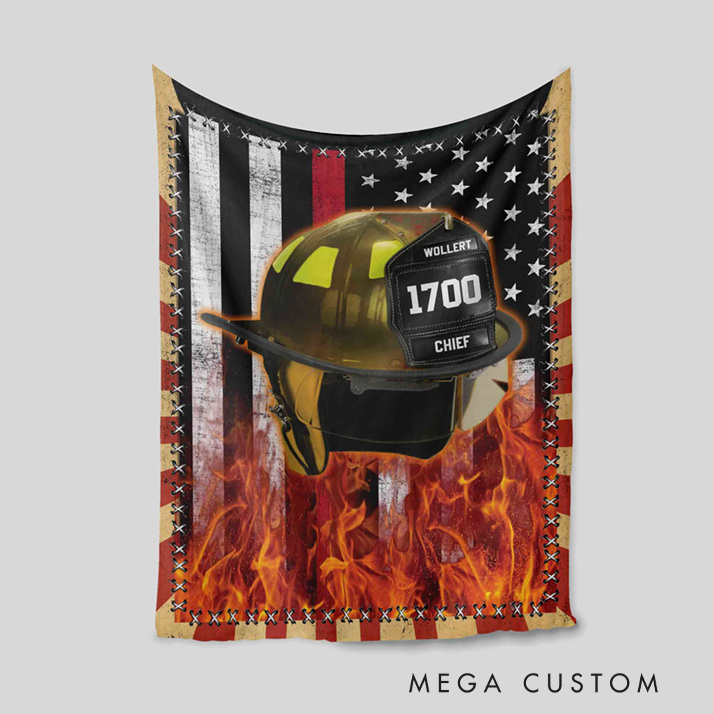 Personalized Firefighter Blanket with Helmet Flames and American Flag Design Gift for Firefighter