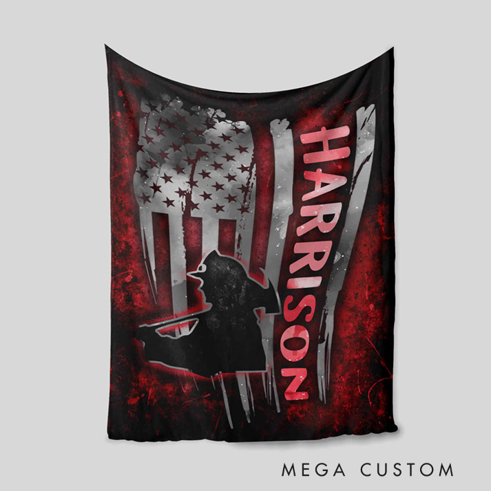 Personalized Firefighter Blanket with Silhouette and American Flag Design Gift for Firefighter