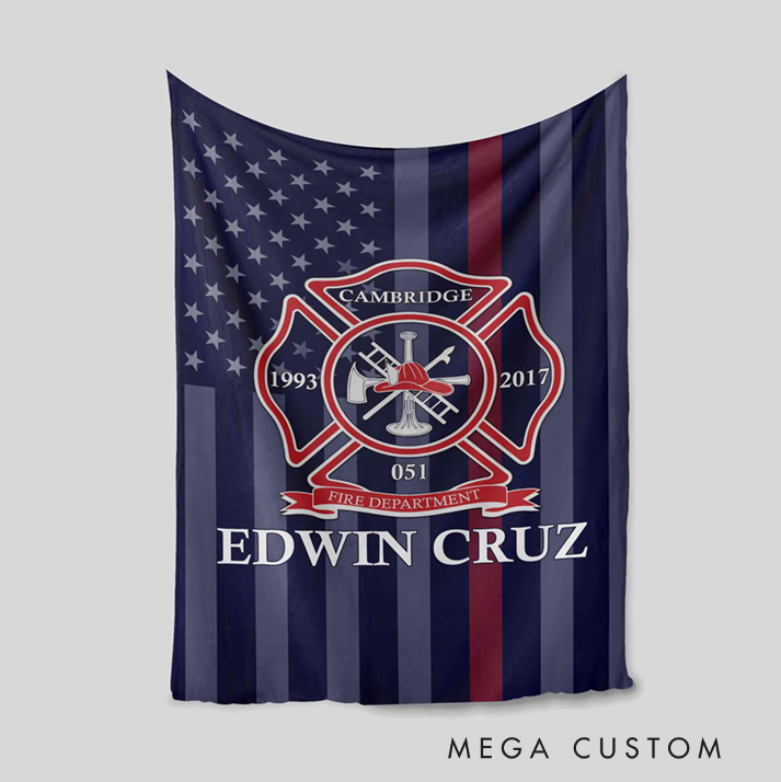 Personalized Firefighter Blanket with Maltese Cross and American Flag Design Gift for Firefighter