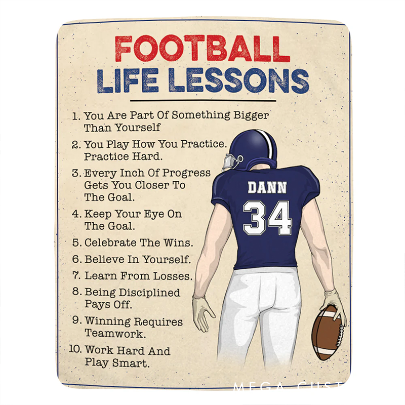 Personalized Football Blanket with Life Lessons and Custom Name Number Design