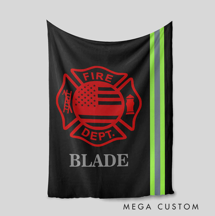Personalized Firefighter Blanket with Maltese Cross and Green Stripe Design Gift for Firefighter