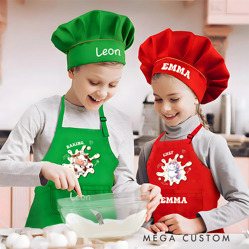 Personalized Adjustable Kid Apron Baking Hat Set Apron Animal Fantasy Apron with Name Baking Lover Gift Birthday Holiday Gift for Kids