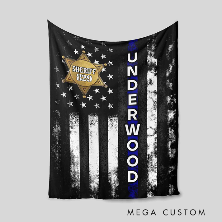 Personalized Police Blanket with Sheriff Badge and Thin Blue Line American Flag Design Gift for Police Officer