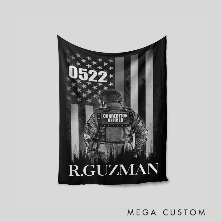 Personalized Police Blanket with Correction Officer and American Flag Design Gift for Police Officer