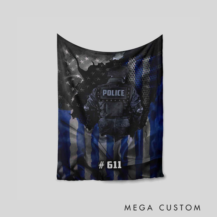 Personalized Police Blanket with Officer Silhouette and Thin Blue Line American Flag Design Gift for Police Officer