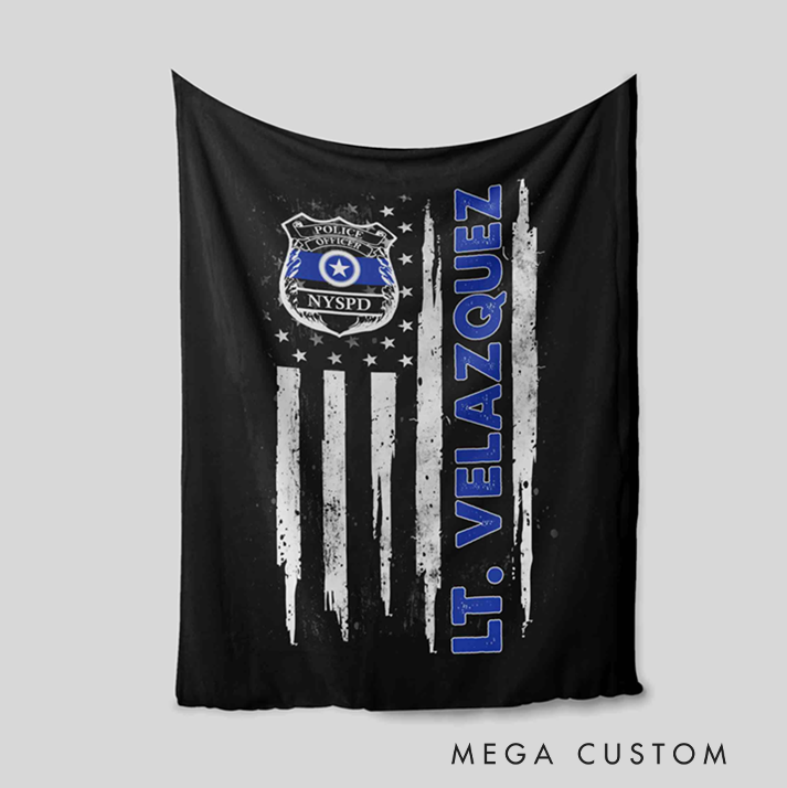 Personalized Police Blanket with Badge and Thin Blue Line American Flag Design Gift for Police Officer