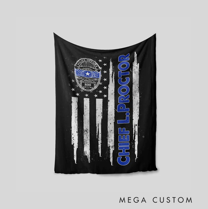 Personalized Police Blanket with Custom Badge and Thin Blue Line American Flag Design Gift for Police Officer