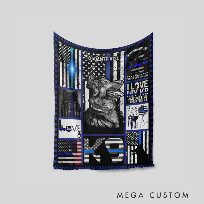 Personalized Police Blanket with K9 Unit and Thin Blue Line Design Gift for Police Officer