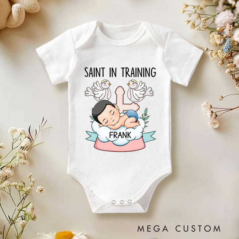 Personalized Saint in Training Baby Onesie