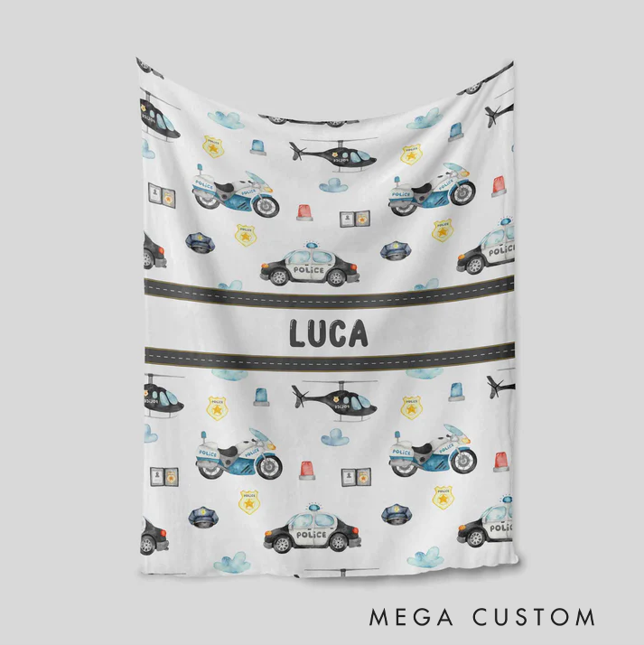 Personalized Police Themed Blanket Cartoon Police Vehicles Design Gift for Police Officer Kids 