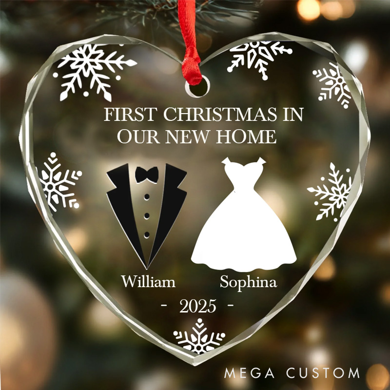 Personalized Heart Round Glass Ornament Custom Anniversary Christmas Wedding Gift for Husband and Wife Him and Her Our First Christmas in Our New Home