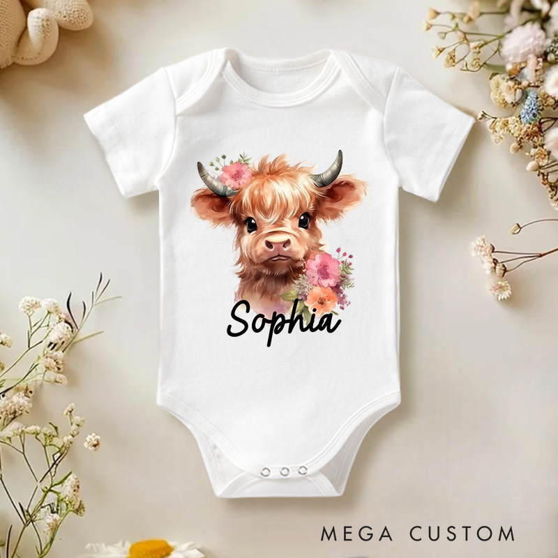 Personalized Flower Highland Cow Baby Onesie with Name Birthday Christmas Gift for Highland Cow Lover