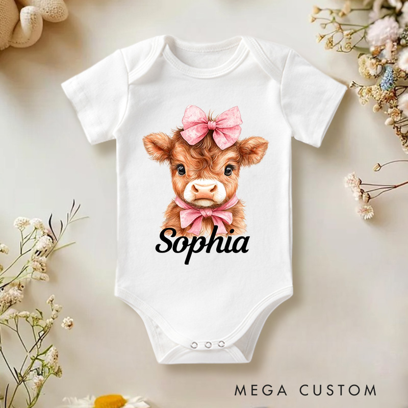 Personalized Flower Highland Cow Baby Onesie with Name Birthday Christmas Gifts for Highland Cow Lover