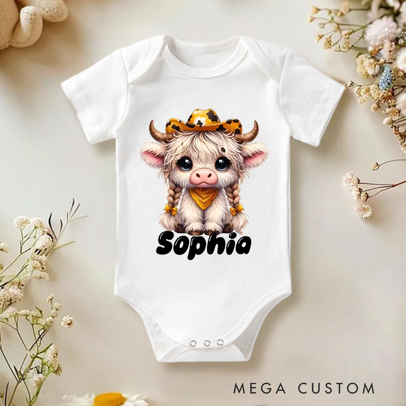 Personalized Flower Highland Cow Baby Onesie with Name Birthday Gifts for Highland Cow Lover
