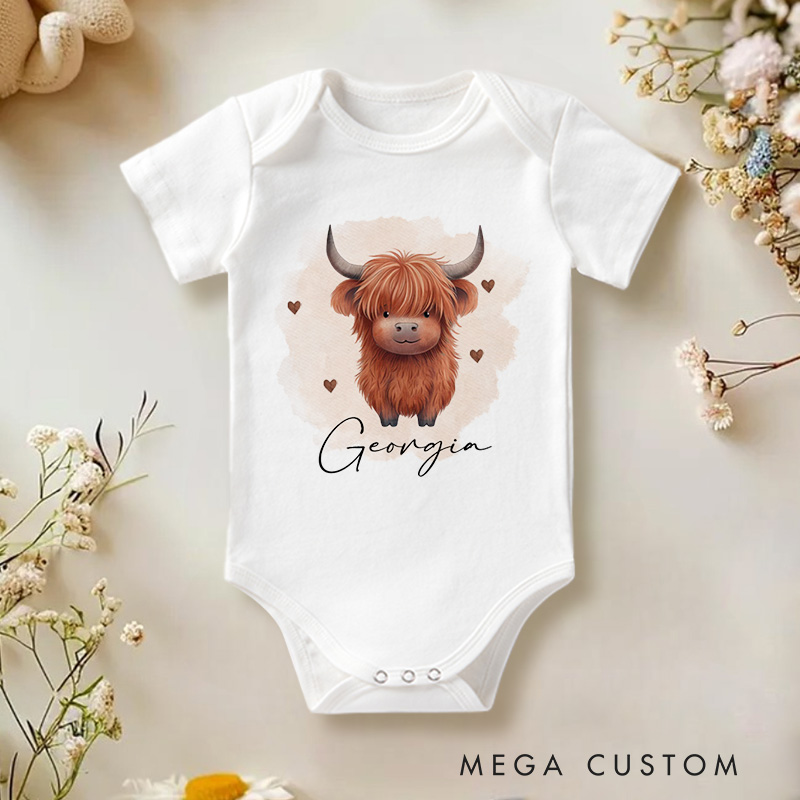 Personalized Highland Cow Baby Onesie with Name Birthday Gift for Highland Cow Lover