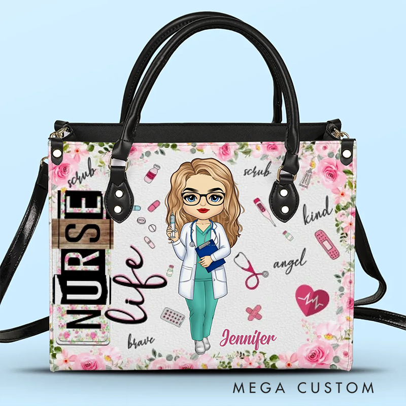 Personalized Leather Handbag Custom Nurse Life Floral Design Handbag Nurse Gift