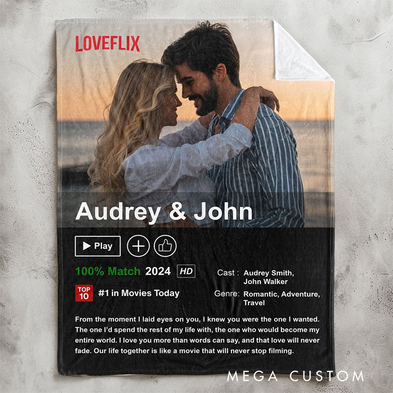 Personalized Loveflix Movie Blanket with Photo Couple Flannel Blanket Movie Blanket with Name Film Fan