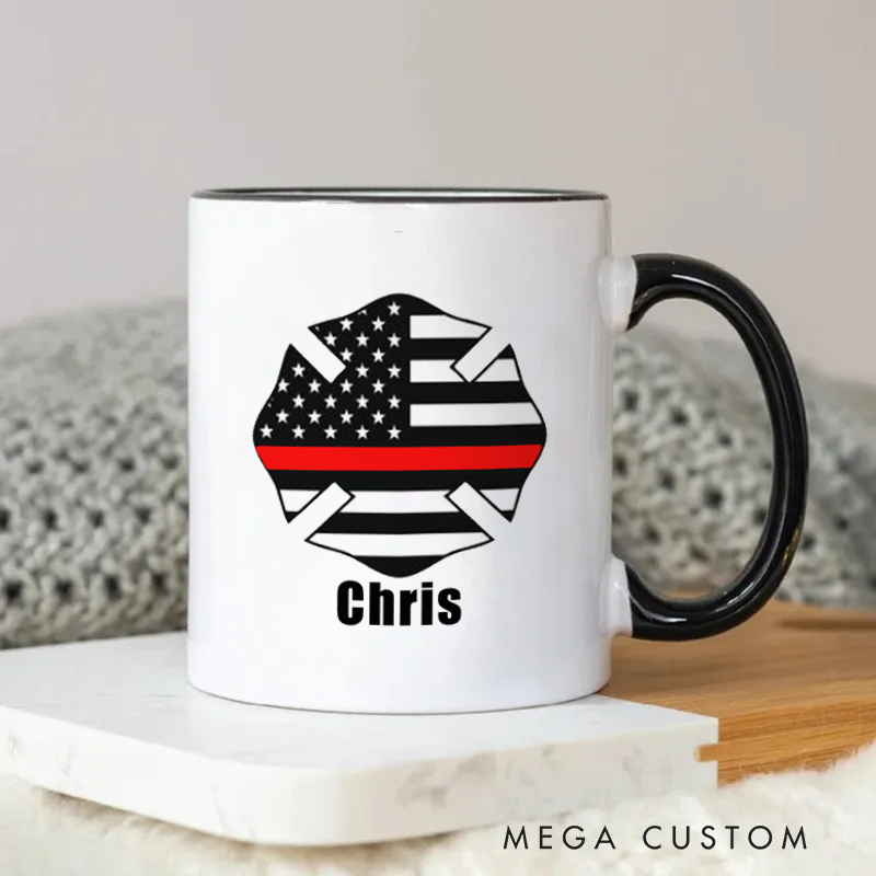 Personalized Firefighter Mug Thin Red Line Maltese Cross Design American Flag Element Coffee Mug Gift for Firefighters
