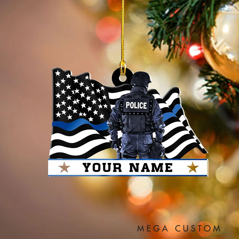 Personalized Police Officer Christmas Ornament with Thin Blue Line Flag Design Gift for Police